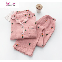 水洗棉睡衣学生女男双层纱布长袖长裤情侣开衫家居服 FISH BASKET