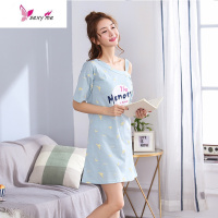 女士棉睡裙露肩印花睡裙少女薄款短袖可外穿家居服夏季 FISH BASKET