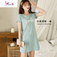 短袖睡裙女夏带胸垫一体式可外穿棉中长款韩版甜美宽松睡衣黑色 FISH BASKET