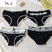 四条装韩版小清新蝴蝶结蕾丝拼接内裤黑色打底中腰三角裤女装 FISH BASKET