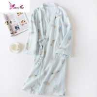 睡袍女水洗棉纱布清新羽毛开衫睡裙系绳和服浴衣绉布晨袍 FISH BASKET