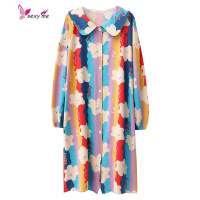 甜美彩虹小熊睡裙女春棉长袖睡裙宽松休闲家居长款家居服 FISH BASKET