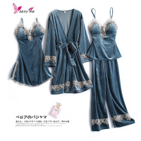 金丝绒睡衣女性感四件冬长袖睡袍带胸垫睡裙三件套家居服 FISH BASKET