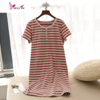 日系条纹罩杯一体式带胸垫睡裙棉睡衣女短袖薄款家居服可外穿 FISH BASKET