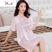 时尚睡裙女夏冰丝中裙家居服连衣裙薄款短袖蕾丝大码甜美丝质睡衣 FISH BASKET
