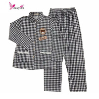 睡衣女蕾丝边棉格子两件新款韩版绣花小熊薄款家居服 FISH BASKET