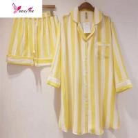 长款衬衫式色睡衣女夏长袖短裤宽松大码韩国家居服条纹睡裙 FISH BASKET