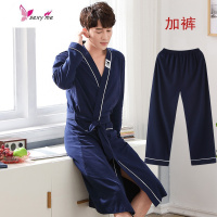 情侣睡袍女棉长款两件浴袍睡裤子裕袍睡衣男长袖浴衣 FISH BASKET