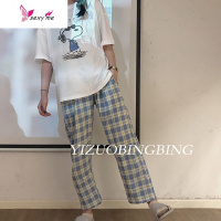 日系SNOOPY史努比夏季棉睡衣可外穿格纹男女生ins泫雅短袖长裤 FISH BASKET