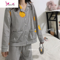 日系橙子可爱口袋睡衣长袖少女ins风棉格子学生长裤家居服 FISH BASKET