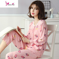 夏春季薄款长袖棉稠睡衣女棉绸绵绸可爱人造棉布大码家居服 FISH BASKET