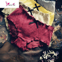 内裤女棉复古性感泡泡棉质透气蝴蝶结木耳蕾丝边中腰包臀三角裤 FISH BASKET