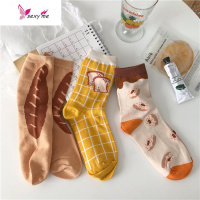 花脸猫3双装lolita千鸟格韩版学生可爱棉袜中筒袜女堆堆袜短袜 FISH BASKET袜子