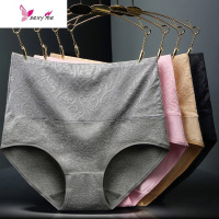 4条大码女士内裤棉中高腰收腹胖m提花棉内裤妈妈三角裤中老年 FISH BASKET