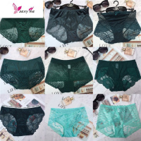 欧美墨绿色性感内裤女大码蕾丝网纱橄榄绿中腰三平角女士裤头透明 FISH BASKET