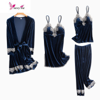 睡衣女金丝绒睡衣四件套韩版性感家居服薄款长袖睡衣女 FISH BASKET