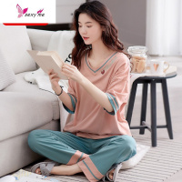 夏装睡衣女棉薄款短袖长裤夏季休闲棉夏天可外穿的家居服 FISH BASKET