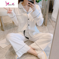 棉睡衣女长袖棉白色薄款春天开衫韩版家居服两件 FISH BASKET