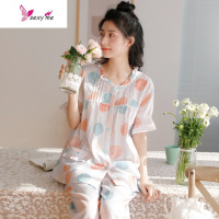 韩版睡衣女夏季新款短袖长裤薄款棉纱布可爱南瓜棉半袖家居服 FISH BASKET