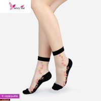 韩版新款绣花女袜中筒袜子水晶丝玻璃丝袜棉底蕾丝短丝袜女 FISH BASKET丝袜