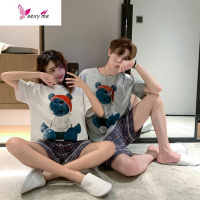 可爱熊情侣睡衣男夏女棉格子卡通韩版家居服宽松可外穿 FISH BASKET