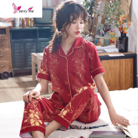结婚睡衣新婚情侣夏季棉短袖长裤红色两件套薄款新娘家居服 FISH BASKET
