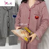 日系芝麻街睡衣格子甜饼怪男女ins长袖情侣棉家居服两件套 FISH BASKET
