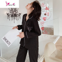 网红睡衣女长袖棉韩版开衫黑色春季棉家居服可外穿 FISH BASKET