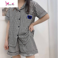 芝麻街情侣睡衣女夏棉短袖短裤格子卡通甜饼怪男女家居服两件套 FISH BASKET