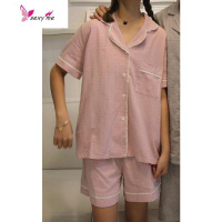 韩国情侣装可爱蕾丝镶边格子棉睡衣男女开衫短袖短裤家居服 FISH BASKET