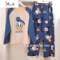 可爱卡通动物情侣男女棉质舒适宽松睡衣家居服圆领长袖长裤 FISH BASKET