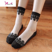 5双春季棉底水晶袜棉复古蕾丝袜女薄款透明玻璃丝袜子女中筒袜 FISH BASKET丝袜