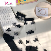 小花玻璃丝袜女透明短袜复古日系薄款水晶丝袜透气中筒袜子 FISH BASKET丝袜