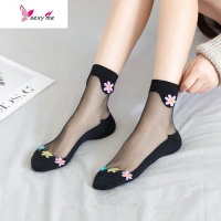 袜子女透明小清新性感小花朵水晶丝袜棉底防滑玻璃丝袜四季中筒袜 FISH BASKET丝袜