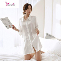 睡裙女夏季性感可爱冰丝睡衣薄款长袖男友风白衬衫长款睡衣 FISH BASKET
