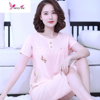 睡衣女夏天粉色大码绵绸女士妈妈薄款短袖棉绸宽松圆领家居服 FISH BASKET