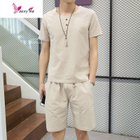 夏季男士中国风短袖五分裤家居服睡衣亚麻夏天居家服两件套 FISH BASKET