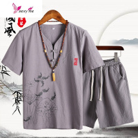 中式中国风宽松休闲睡衣男夏季薄款亚麻刺绣家居服可外穿 FISH BASKET