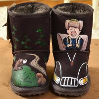 真皮男童雪地靴中筒拼色牛皮靴子手绘卡通棉靴新款加厚保暖童鞋冬