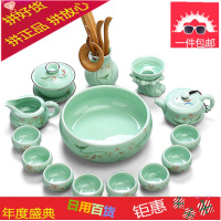 景德镇手绘青瓷茶具家用荷花功夫陶瓷套装整套青花瓷白瓷茶杯茶壶
