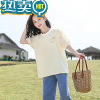 绿彩虹光童装女童夏装泡泡袖T恤2023新款大童夏季儿童短袖女孩上衣8岁