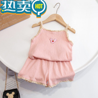 绿彩虹光女童家居服套装儿童网红夏吊带睡衣薄款宝宝洋气背心呼吸棉空调服