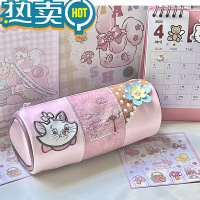 绿彩虹光迪s尼玛丽猫圆筒笔袋创意卡通可爱猫咪学生大容量文具收纳袋