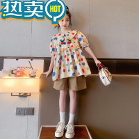 绿彩虹光女童套装夏款2023新款时髦洋气大童女装夏装儿童短裤子夏季两件套