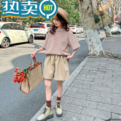 绿彩虹光女童套装夏装2023新款时髦儿童洋气休闲夏季中大童短袖短裤两;11