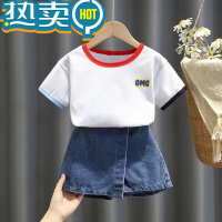 绿彩虹光女童夏装短袖套装韩版儿童时髦一套衣服洋气女宝宝牛仔裙裤两件&r