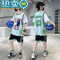 绿彩虹光男童夏季运动套装2023新款大儿童洋帅气篮球服速干夏装男孩潮衣服