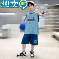 绿彩虹光男童夏季套装2023新款大儿童背心篮球服洋帅气男孩夏装运动潮衣服