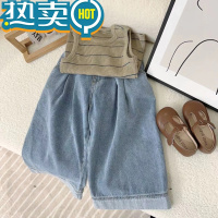 绿彩虹光韩系韩国童装2023虾装新款女童时髦上衣背心阔腿裤儿童套装潮韩范