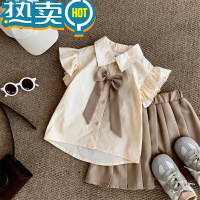 绿彩虹光女童套装夏季套裙2023新款洋气女孩无袖T恤百褶裙套装休闲时髦潮